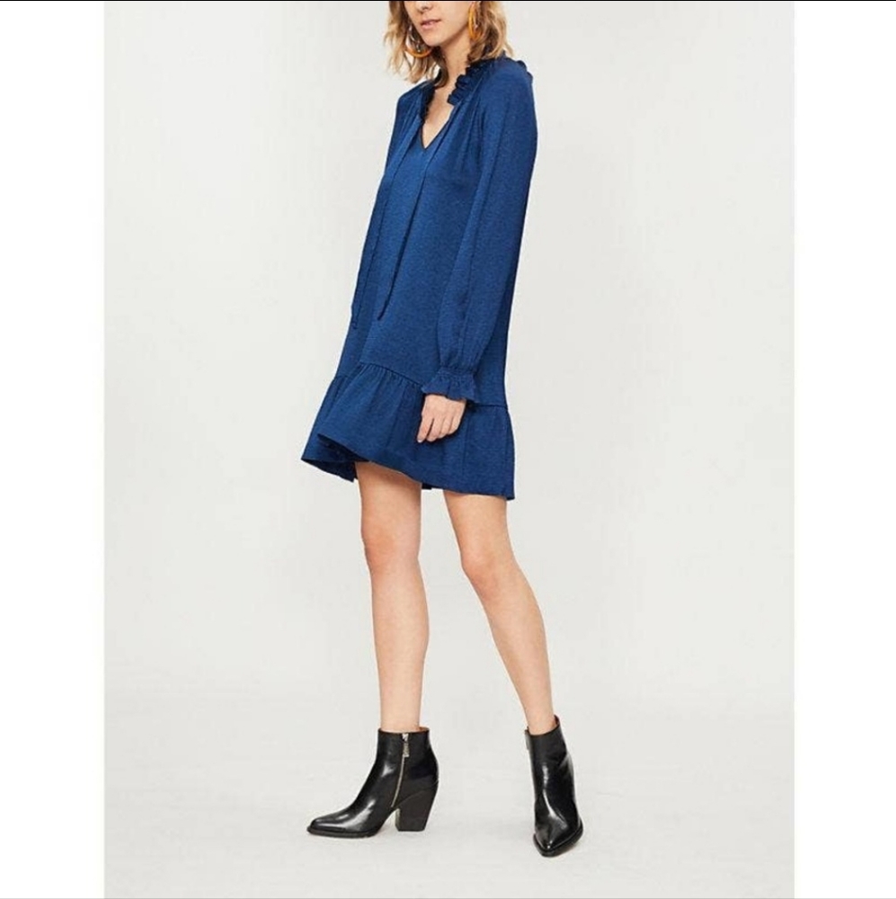 Sandro Royal Blue Butterfly Ruffle Tie Neck Dress Size 36 / Small